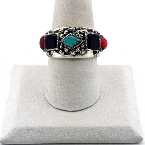 Estate Sterling Silver 925 Ring Size 9 Turquoise Coral Onyx Gemstone Band 8.8g - Picture 1 of 8
